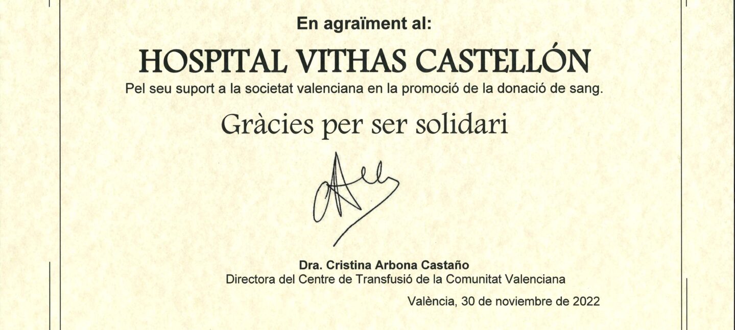 <strong>Vithas Castellón recibe el reconocimiento como centro de donación de sangre.</strong>