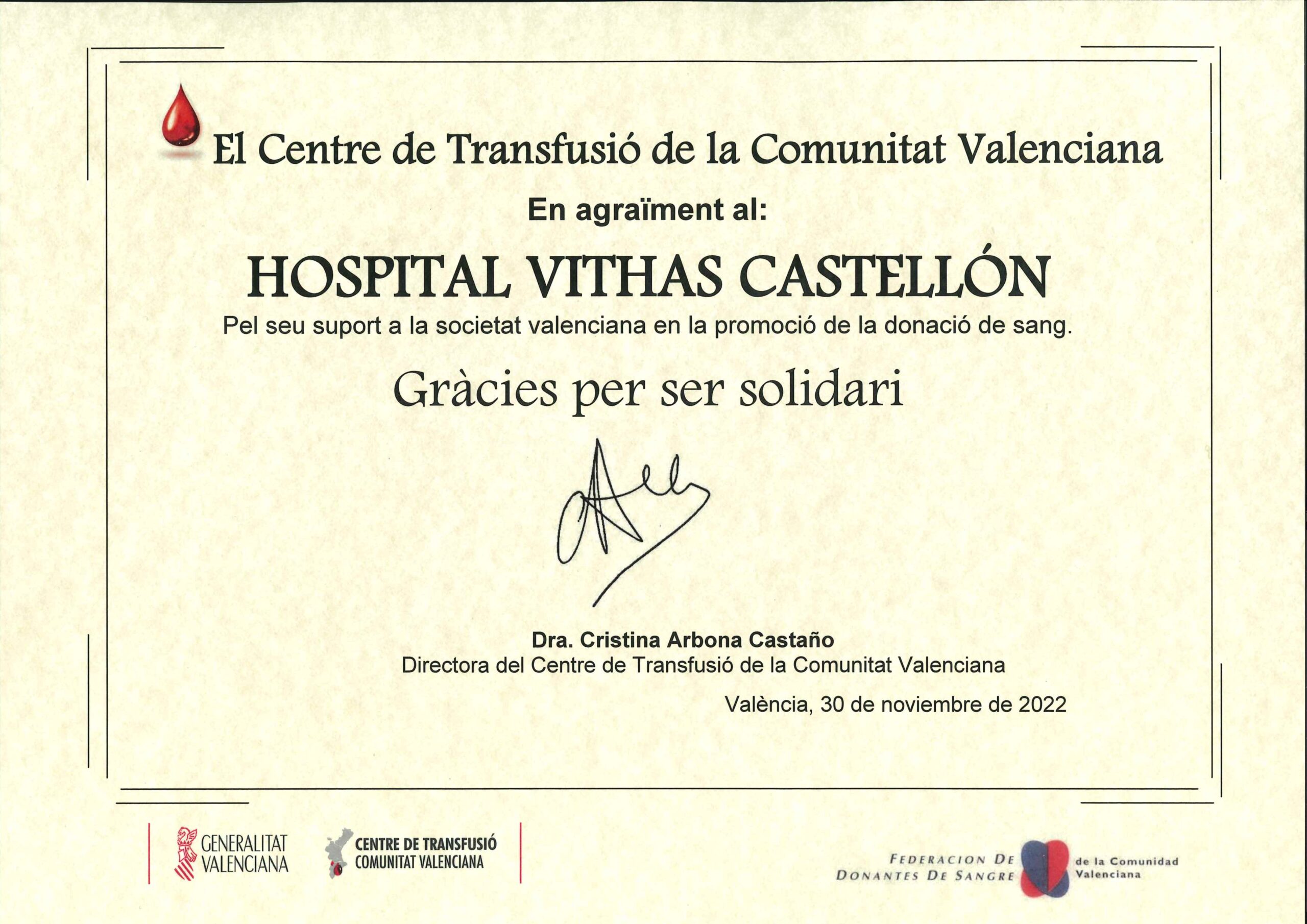 <strong>Vithas Castellón recibe el reconocimiento como centro de donación de sangre.</strong>