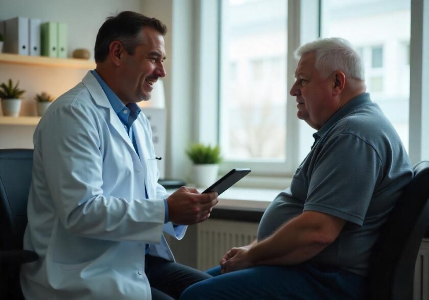 Doctor sonriente con bata blanca explica diagnóstico de diabetes tipo 2 a paciente con sobrepeso en consulta médica luminosa.