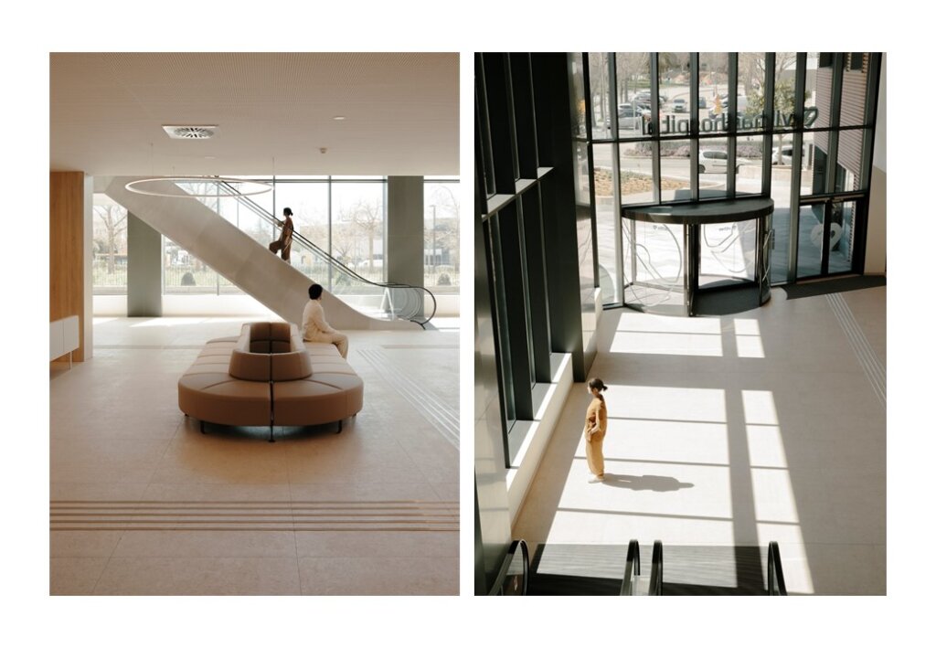 Dos imágenes de los espacios interiores del Hospital Vithas Valencia Turia