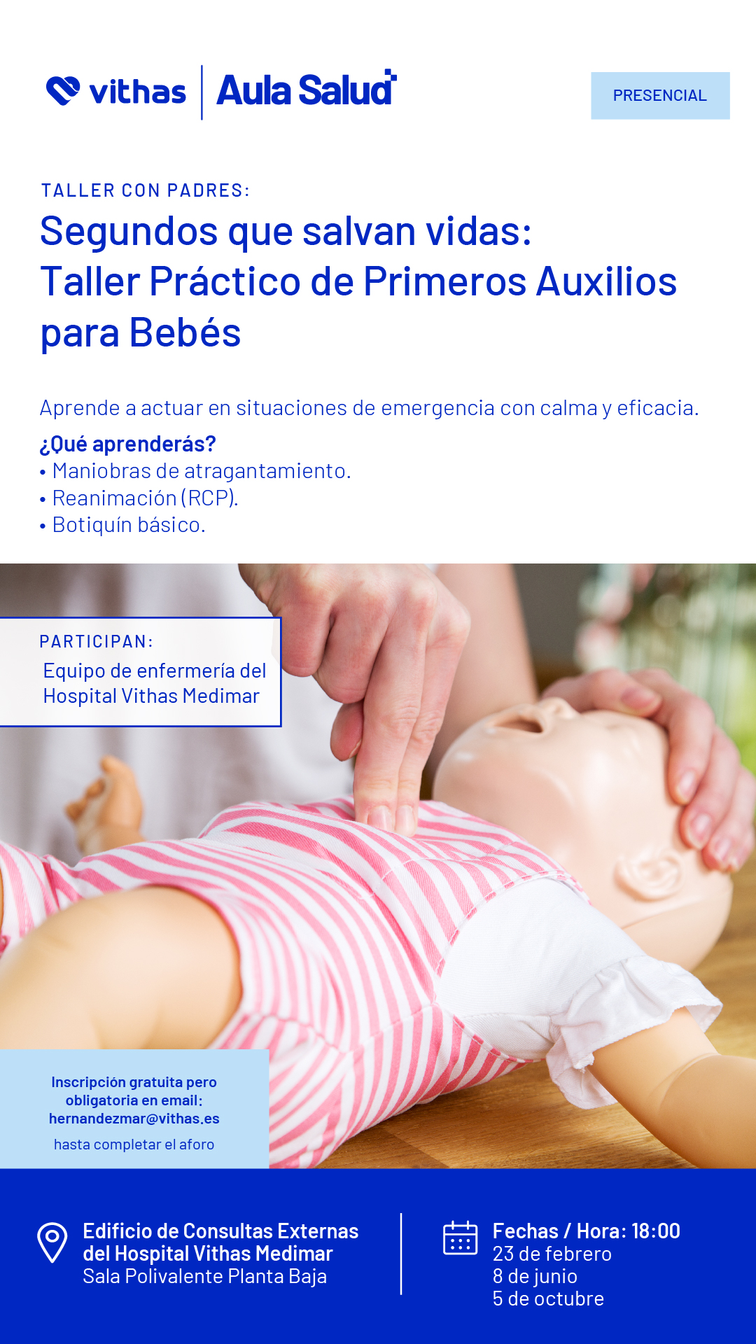 El Hospital Vithas Medimar retoma sus Vithas Aula Salud para formar a padres en primeros auxilios pediátricos 